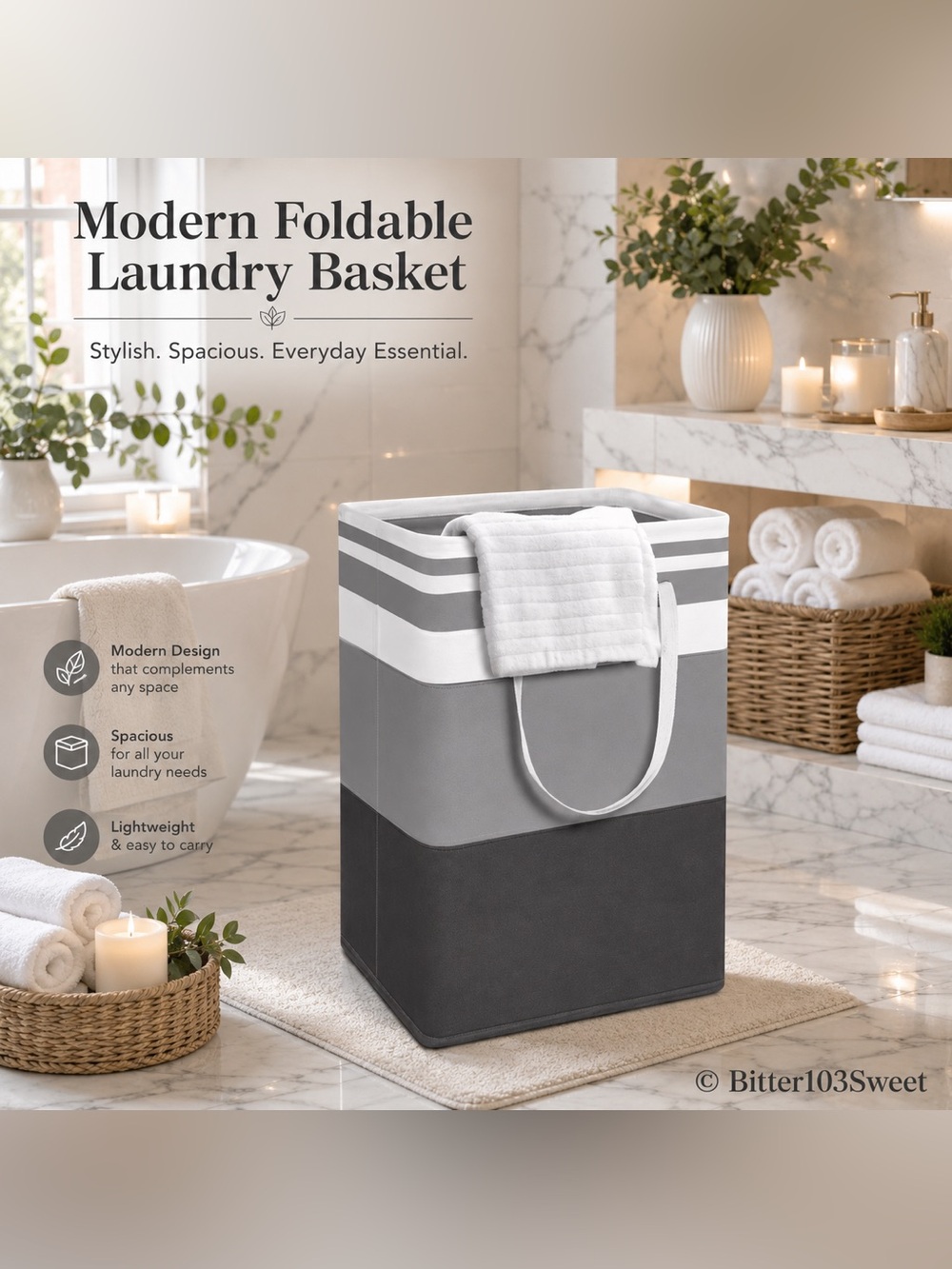 Modern Foldable Laundry Basket | Stylish Gray & White Hamper for Bathroom